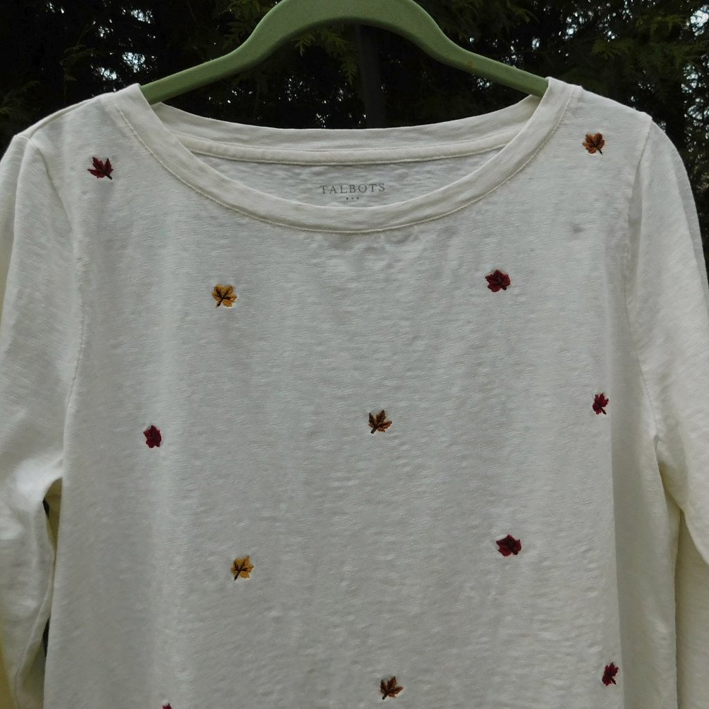 Talbots Slub Knit Cotton Top with Embroidered Fall Leaves - Picture 2 of 3
